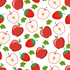 Seamless pattern of apples, halves and strawberries. Vector illustration
