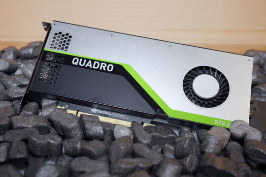 Prague, CZ-14 January 2021: Package Box Delivered  with Professional NVIDIA QUADRO RTX graphic Card High performance desktop GPU in Package with foam Peanuts . Illustrative Editorial