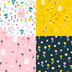 Rabbit seamless pattern set. Cute character with wildflowers and carrots. Baby cartoon vector in simple hand-drawn Scandinavian style. Nursery illustration on colorful palette