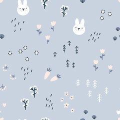 Forest rabbit seamless pattern. Cute character with carrots and flowers. Baby cartoon vector in simple hand-drawn Scandinavian style. Nursery illustration in pastel colors.