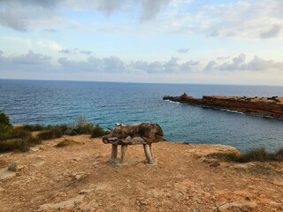 Fototapeta na wymiar The bench of Aziz in the cliff Cap Martinet, Ibiza