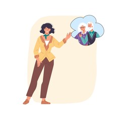 Vector cartoon flat character woman happy greeting,waving hand to parents on abstract background-relationships,communication,friendship,web online banner social concept