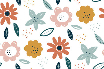 Spring texture. Multicolored flowers on a white background. Vector Easter pattern. Scandinavian style of small flowers. Floral Pattern. Botanic and abstract seamless pattern with flowers and leaves.