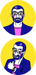 An avatar business man with glasses wearing a purple suit in a yellow circle