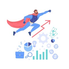Vector cartoon flat superhero character flies up above growth chart-metaphor of successful business,goal achievment,investments income-mass pop culture,aspiration,power,confidence design concept
