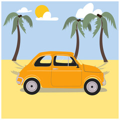 The yellow car is driving on the sand. Palm trees against the background of blue sky and sun with clouds.
