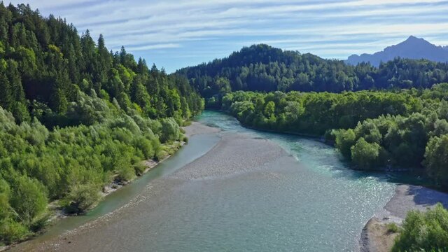 Füssen, An Aerial View Over The River Lech. Town Füssen Near Neuschwanstein Castle, Bavaria, Germany.