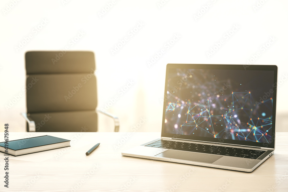 Poster modern computer monitor with technology desktop. research and development software concept. 3d rende
