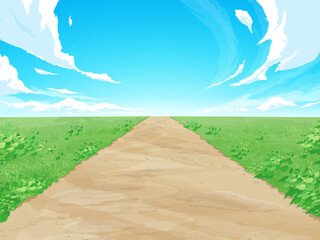 まっすぐな土の道と草原の風景イラスト © ふわぷか
