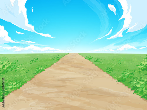 まっすぐな土の道と草原の風景イラスト Wall Mural Wallpaper Murals ふわぷか まっすぐな土の道と草原の風景イラスト Wall Mural Wallpaper Murals ふわぷか