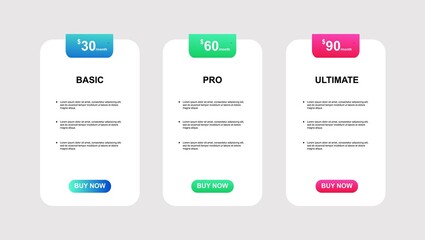 set of pricing table, order, box, button, list for web