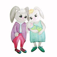 Happy family of easter rabbits holding a newborn baby. Characters for Easter cards, banners, invitations. 