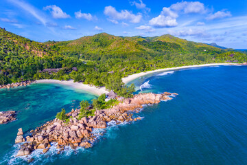 An aerial view on the Petite Anse and Grand Anse on the Praslin island, Seychelles