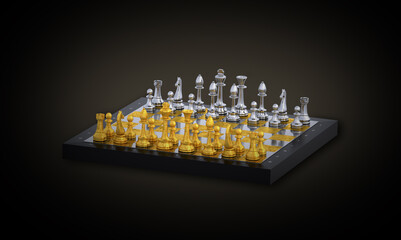 Gold and silver chess pieces on a black chessboard over the black background  3d rendering