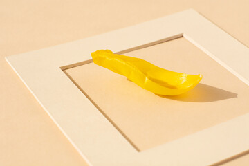 Yellow tulip petal in a frame on a pastel background. The concept of spring.