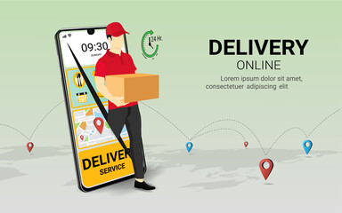 Delivery courier man holding Parcel Box with mobile phone. Fast online delivery service. Online order. Internet e-commerce. concept for website or banner. 3D Perspective Vector illustration