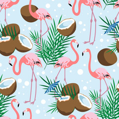 Materiał do szycia Seamless pattern of coconut, half, palm leaves and pink flamingos on blue background.