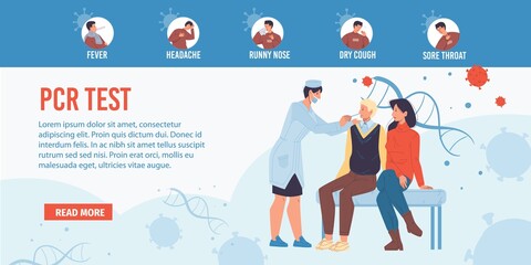 Fototapeta premium Vector cartoon flat doctor character at work doing PCR test.Physician take patient saliva sample-coronavirus prevention,covid symptoms diagnostics,treatment,medical infographic concept