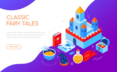 Classic fairy tales - modern colorful isometric web banner