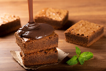 Chocolate brownies with chocolate sauce and mint leaves