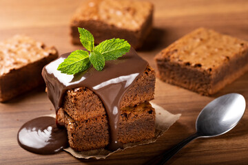 Chocolate brownies with chocolate sauce and mint leaves
