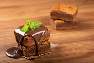 Chocolate brownies with chocolate sauce and mint leaves