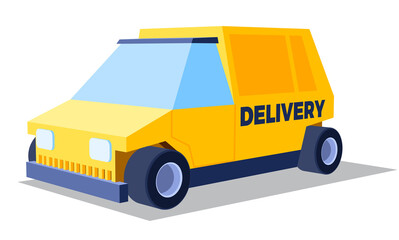Yellow delivery car or van with 3D perspective. Fast car illustration for delivery business banner or pop-up in the mobile app