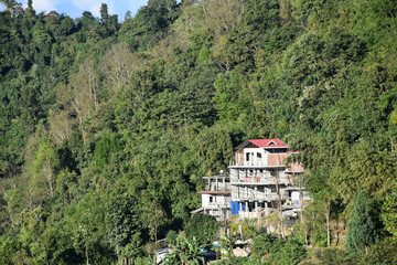 Buildings on top of Mountain with Blue Sky and Virgin Forest