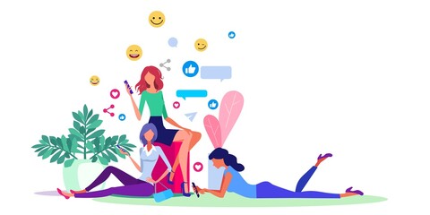 Girls chatting and sharing on social media with their smart phones.