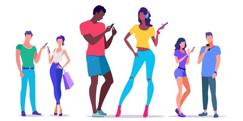 Young couples and their cell phones. Communication vector illustration