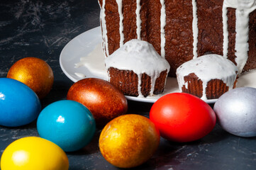 Homemade craft Easter cakes and painted eggs