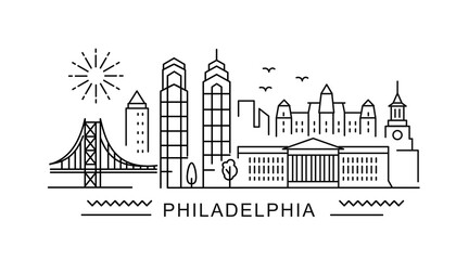 Philadelphia minimal style City Outline Skyline with Typographic. Vector cityscape with famous landmarks. Illustration for prints on bags, posters, cards.  - 419679347