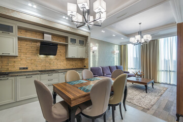 he light and spacious kitchen combined with the living room. New modern design of the chandelier. A potted plant standing on the coffee table in front of the big window
