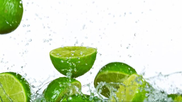 Super Slow Motion Shot of Fresh Limes Collision with Splashing Water. Filmed on high speed cinema camera at 1000fps.