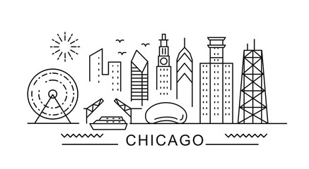 Chicago minimal style City Outline Skyline with Typographic. Vector cityscape with famous landmarks. Illustration for prints on bags, posters, cards.  - obrazy, fototapety, plakaty