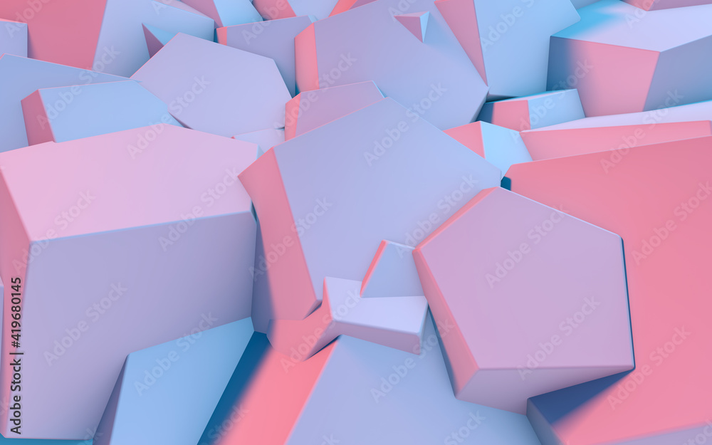 Aufkleber abstract background with 3d shapes flying in pink and blue light as a messy array or chaotic structu