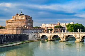 Castle of the Holy Angel (Castel Sant'Angelo) and St. Angel bridge (Ponte Sant'Angelo) over Tiber river, Rome, Italy
