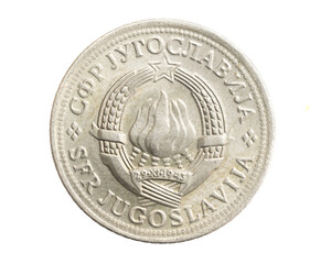 Yugoslavia two dinars coin on white isolated background