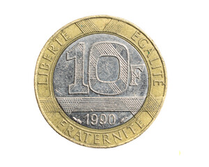 France ten francs coin on a white isolated background