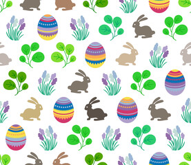 Easter seamless pattern with eggs, rabbits, leaves and flowers. Holiday icon design set. Happy, colorful, simple, cartoon shapes artwork.