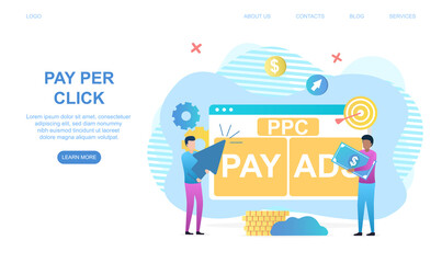 Two male characters are paying services online per click. Men are standing next to screen with arrow and clicking to pay. Website, web page, landing page template. Flat cartoon vector illustration