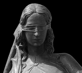 Lady justice or Themis Symbol of justice isolated on black background. Close-up of lady justice statue with blindfold