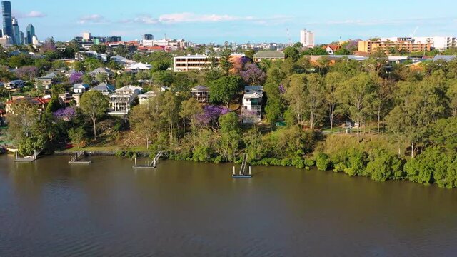 Aerial view of the Brisbane River and homes in the Dutton Park suburb of Brisbane, Queensland, Australia