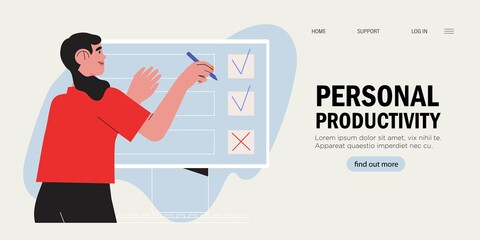 Effective time management computer or mobile application. Self productivity, fulfilling plans or achieving goals. Female character put a tick on to do list. Landing page or banner template concept.