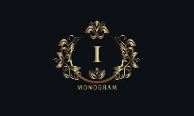 Exquisite bronze monogram on a dark background with the letter I. Stylish logo is identical for a restaurant, hotel, heraldry, jewelry, labels, invitations.