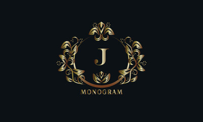 Exquisite bronze monogram on a dark background with the letter J. Stylish logo is identical for a restaurant, hotel, heraldry, jewelry, labels, invitations.