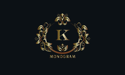 Exquisite bronze monogram on a dark background with the letter K. Stylish logo is identical for a restaurant, hotel, heraldry, jewelry, labels, invitations.