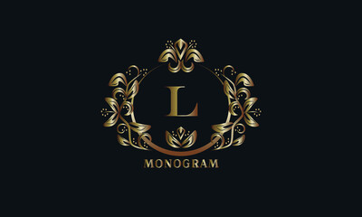 Exquisite bronze monogram on a dark background with the letter L. Stylish logo is identical for a restaurant, hotel, heraldry, jewelry, labels, invitations.