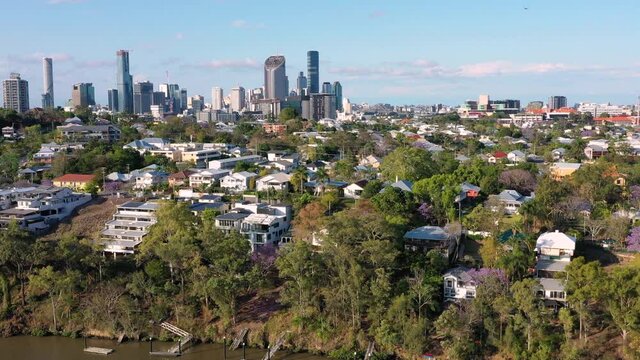 Aerial view of the Brisbane River and homes in the Dutton Park suburb of Brisbane, Queensland, Australia
