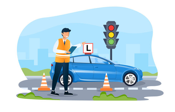 Male driving instructor is teaching how to drive a car on the street. Concept of driving school, driver s license, traffic rules and tests. Flat cartoon vector illustration